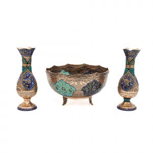 کاسه و گلدان جفت مسی قلمزنی طرح نقشینه کد 7064