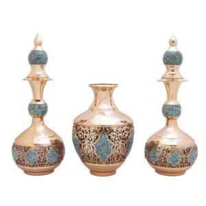 گلدان و تنگ جفت مسی فیروزه کوب مدل مشبک کد 7398