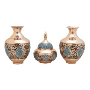 قندان و گلدان جفت مسی فیروزه کوب مدل مشبک کد 7401