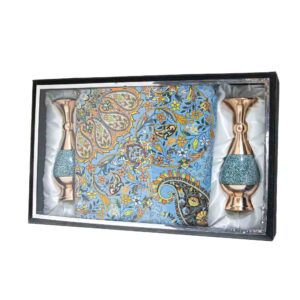 گلدان جفت مس و فیروزه و ترمه همراه با جعبه جیر کد 8485