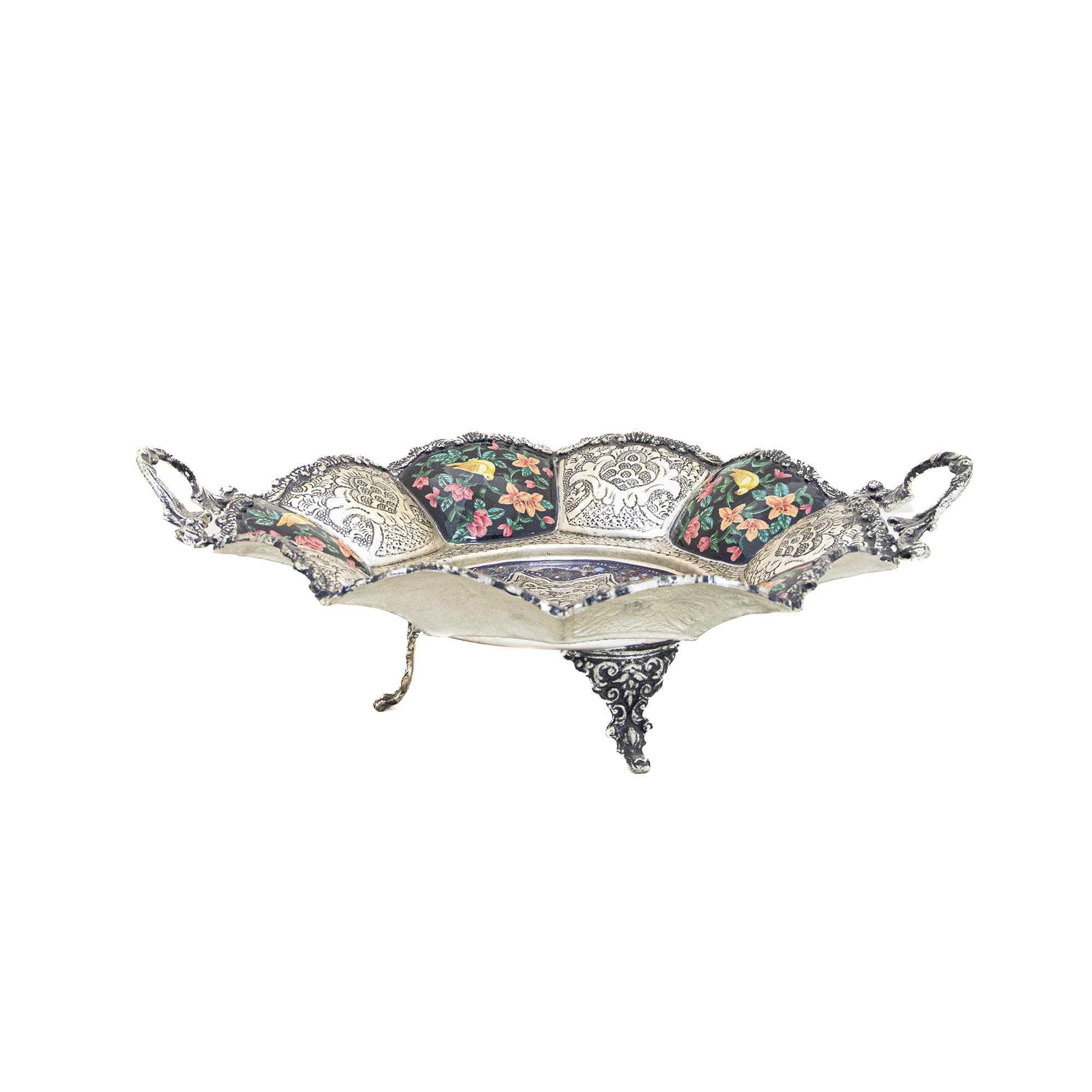 شیرینی خوری مسی قلمزنی طرح گل و مرغ کد 7994