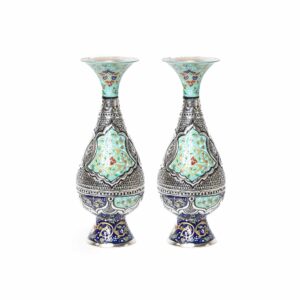 گلدان جفت مسی قلمزنی طرح نقشینه کد ۸۸۰۵